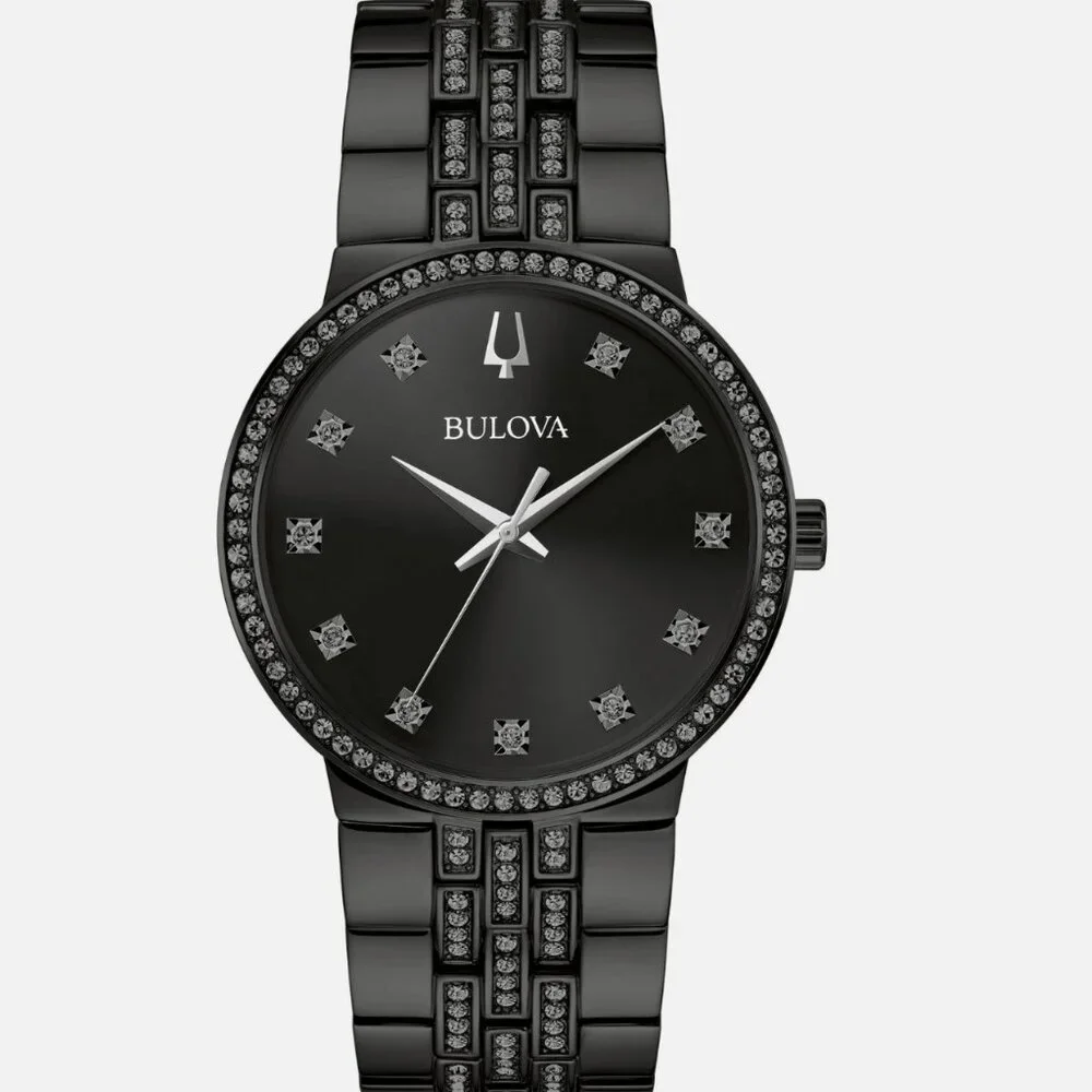 Bulova Men's Crystal Quartz Gemmed Black Stainless Steel Watch 40 MM